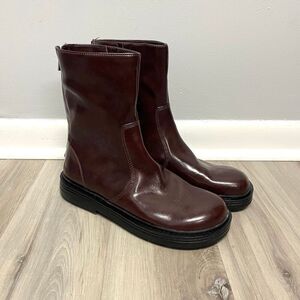 Zara Boots Women’s 40 Dark Burgundy Faux Patent Leather Zip Up Round Toe Chunky